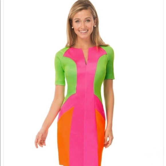 EUC Gretchen Scott Mod Style Pink Green Orange Colorblock Shift Dress MEDIUM - Picture 1 of 6